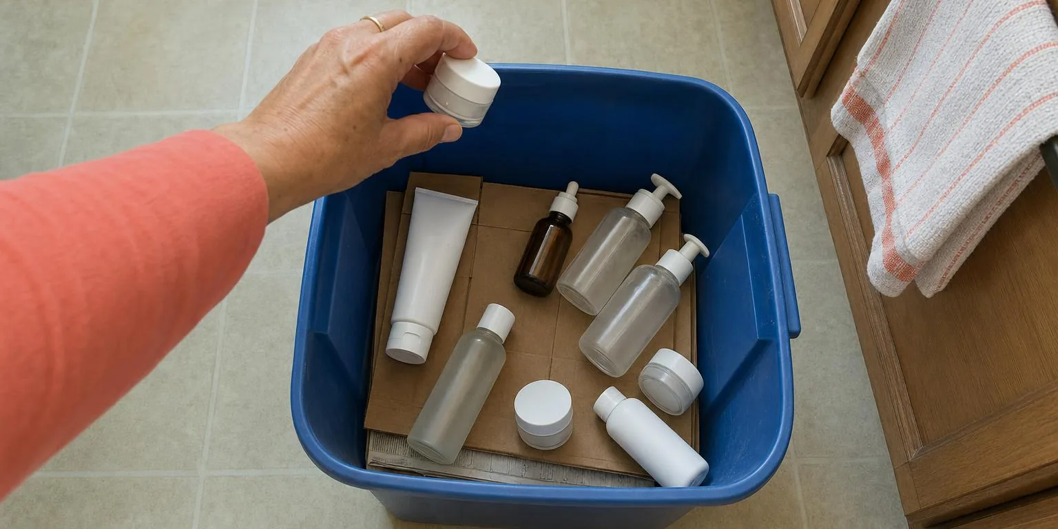 Empty skincare jars and bottles going into a blue recycling bin on the kitchen floor