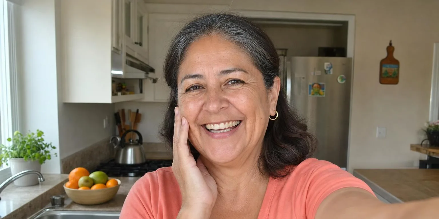 Maria laughing in a selfie by her kitchen window, smile lines and crow's feet showing