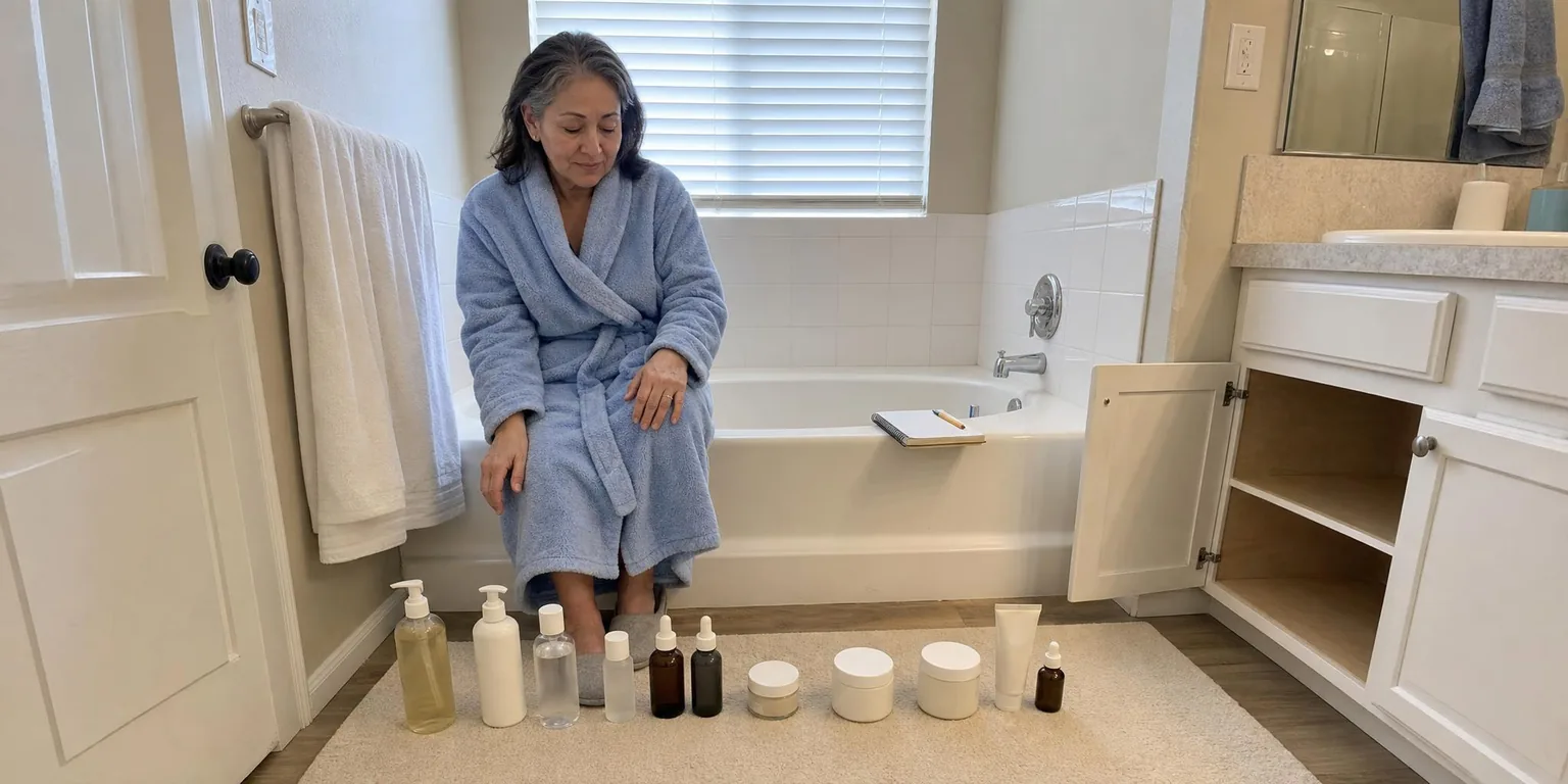 Maria in a bathrobe on the edge of the bathtub, looking at a row of skincare products on the bath mat beside a notepad of tally marks