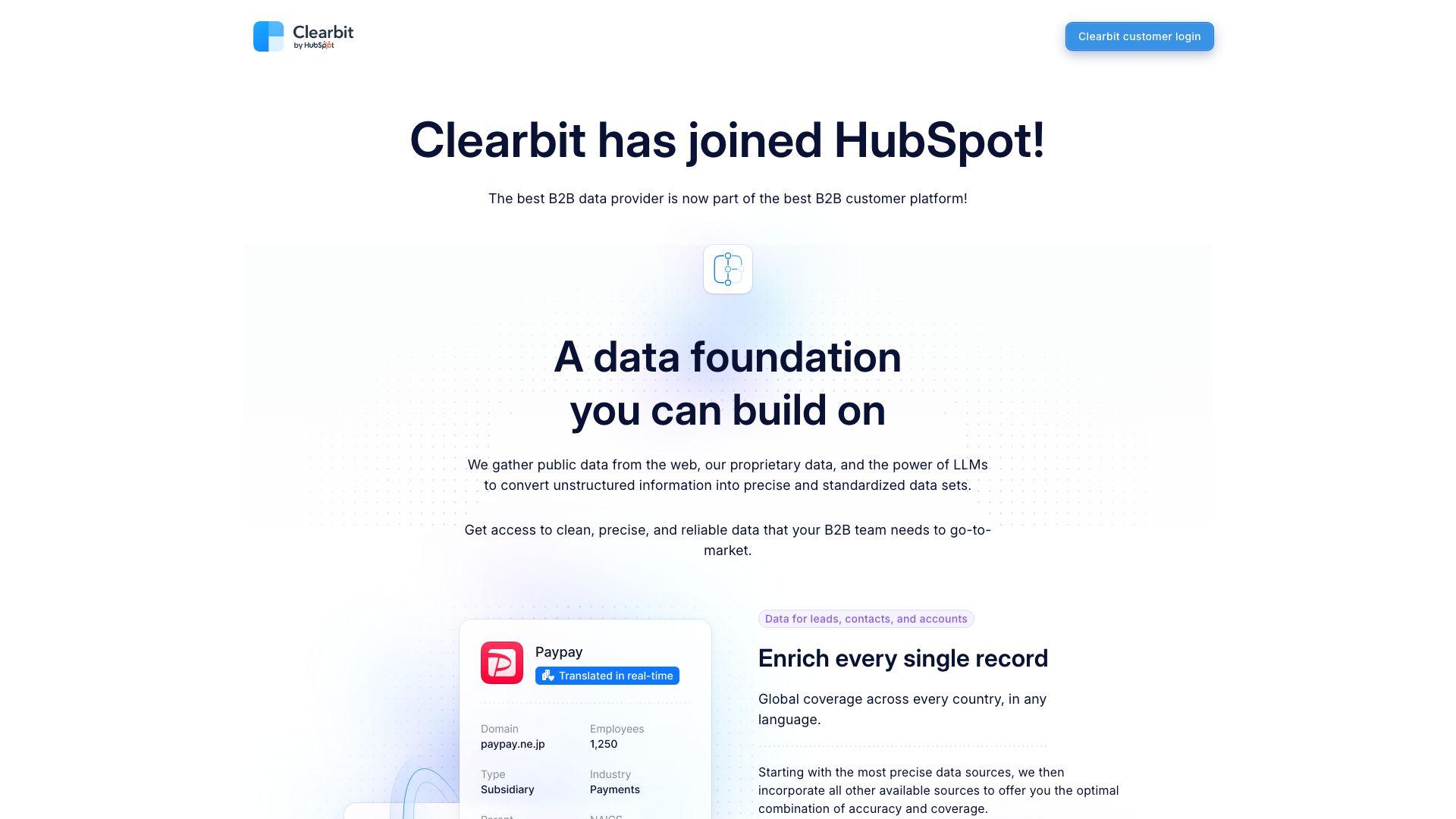 Screenshot of Clearbit: Enrich Your Customer Data
