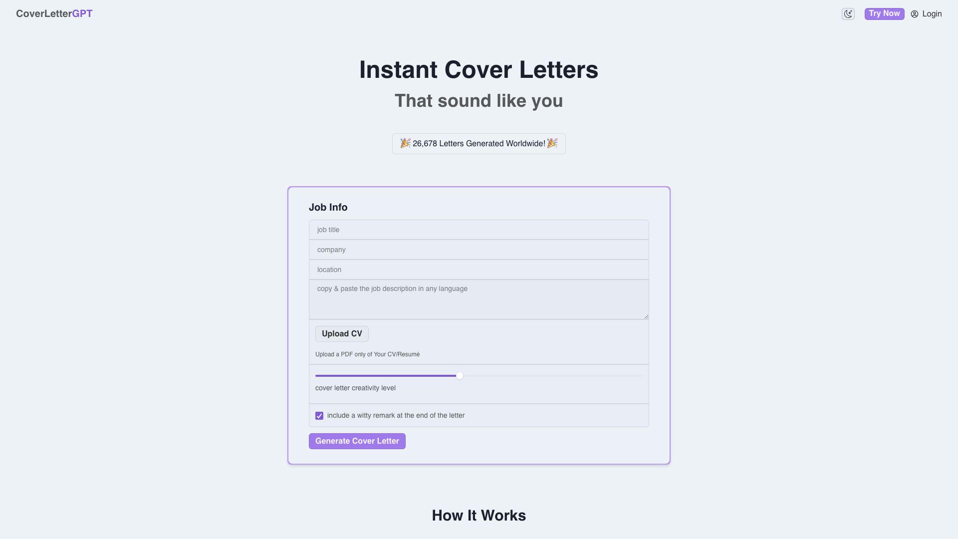 Screenshot of Cover Letter Genie