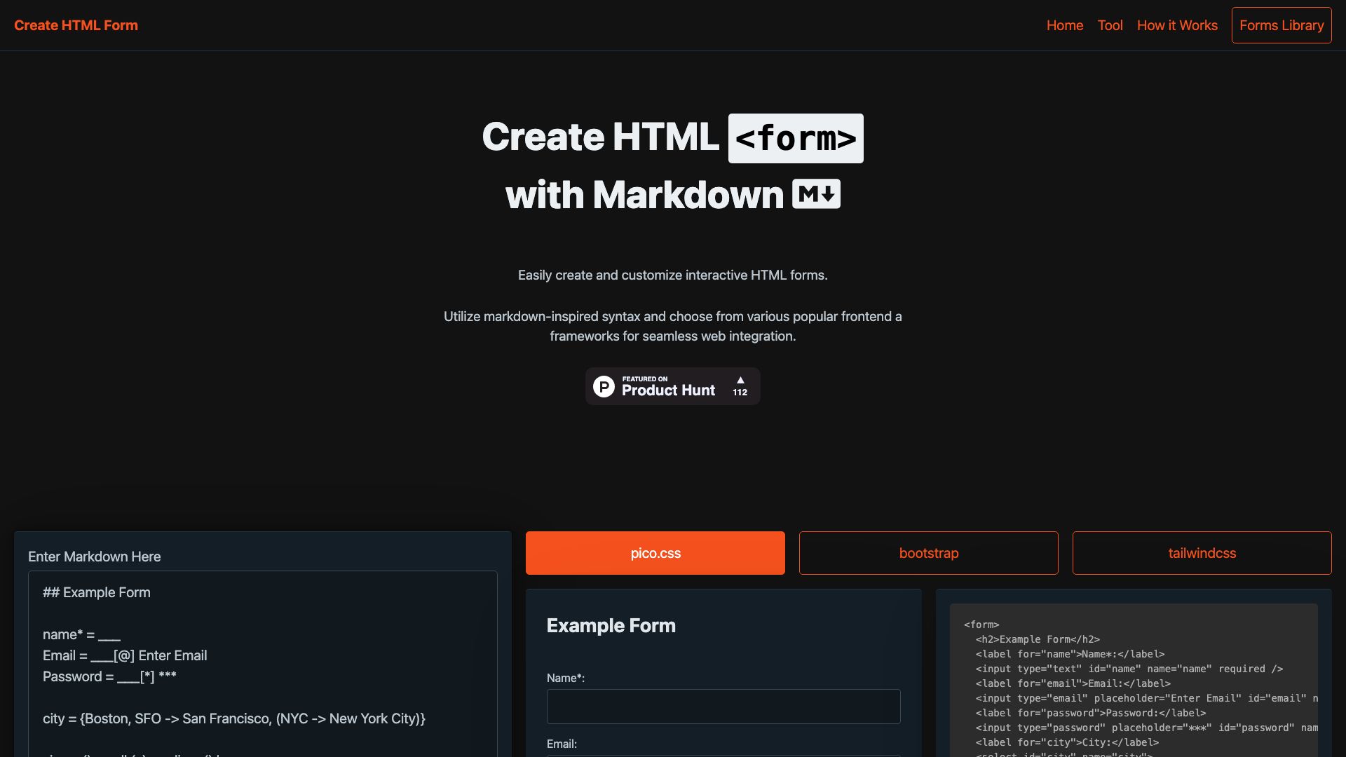 Screenshot of CreateHTMLForm.com: Your Intuitive HTML Form Builder