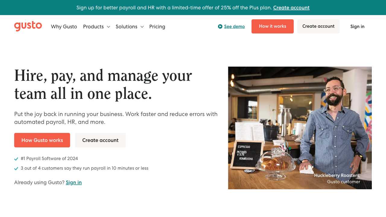 Screenshot of Gusto: Payroll, Benefits, and HR for Small Businesses