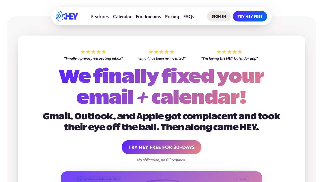 Screenshot of Hey: Focused Email for Productive People