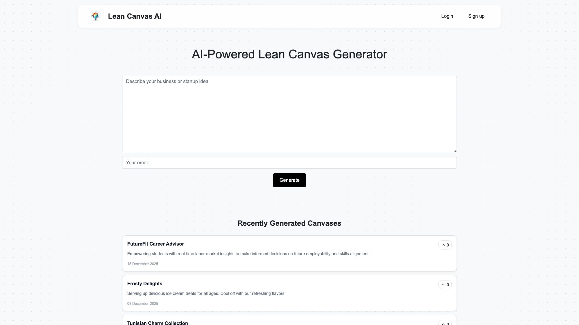 Screenshot of Lean Canvas AI