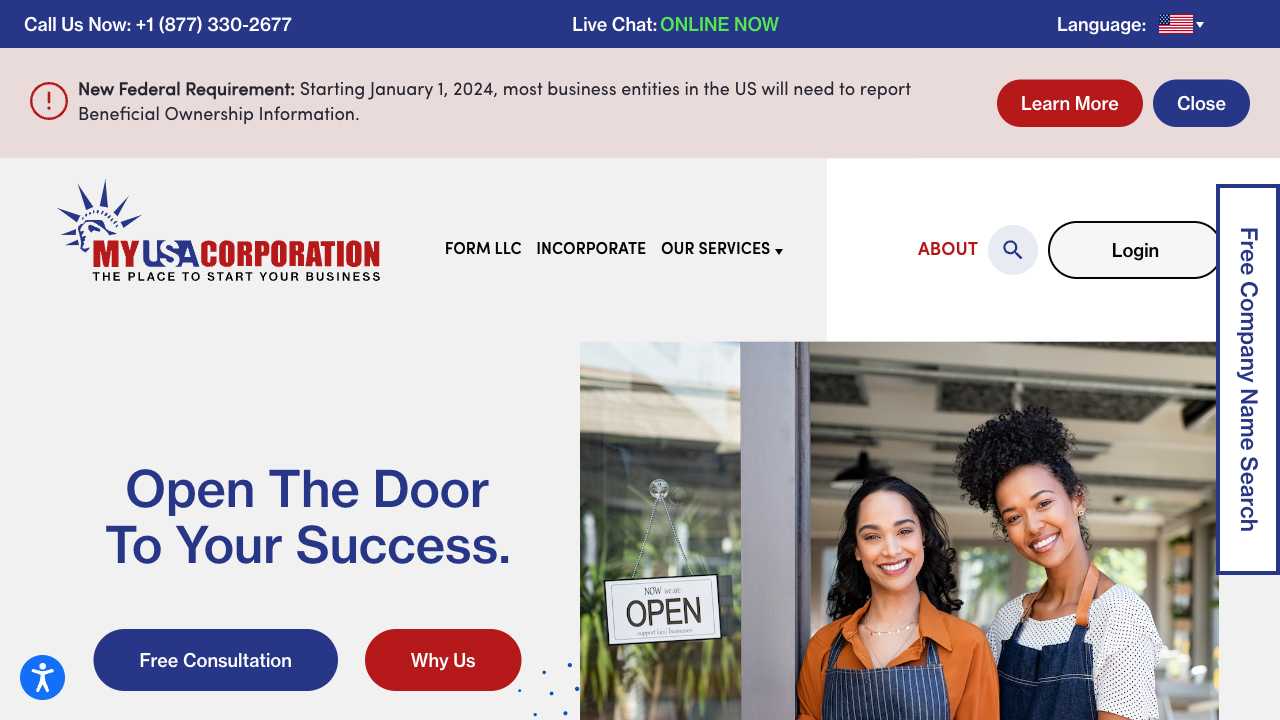 Screenshot of MyUSACorporation.com - Incorporate Your Business Today!