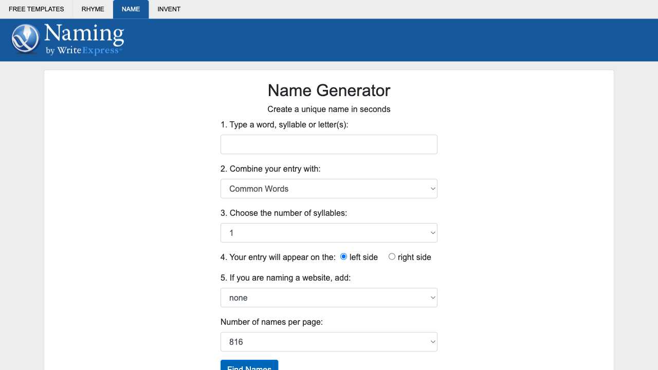 Screenshot of Naming.net: Business Name Generator & Domain Name Search