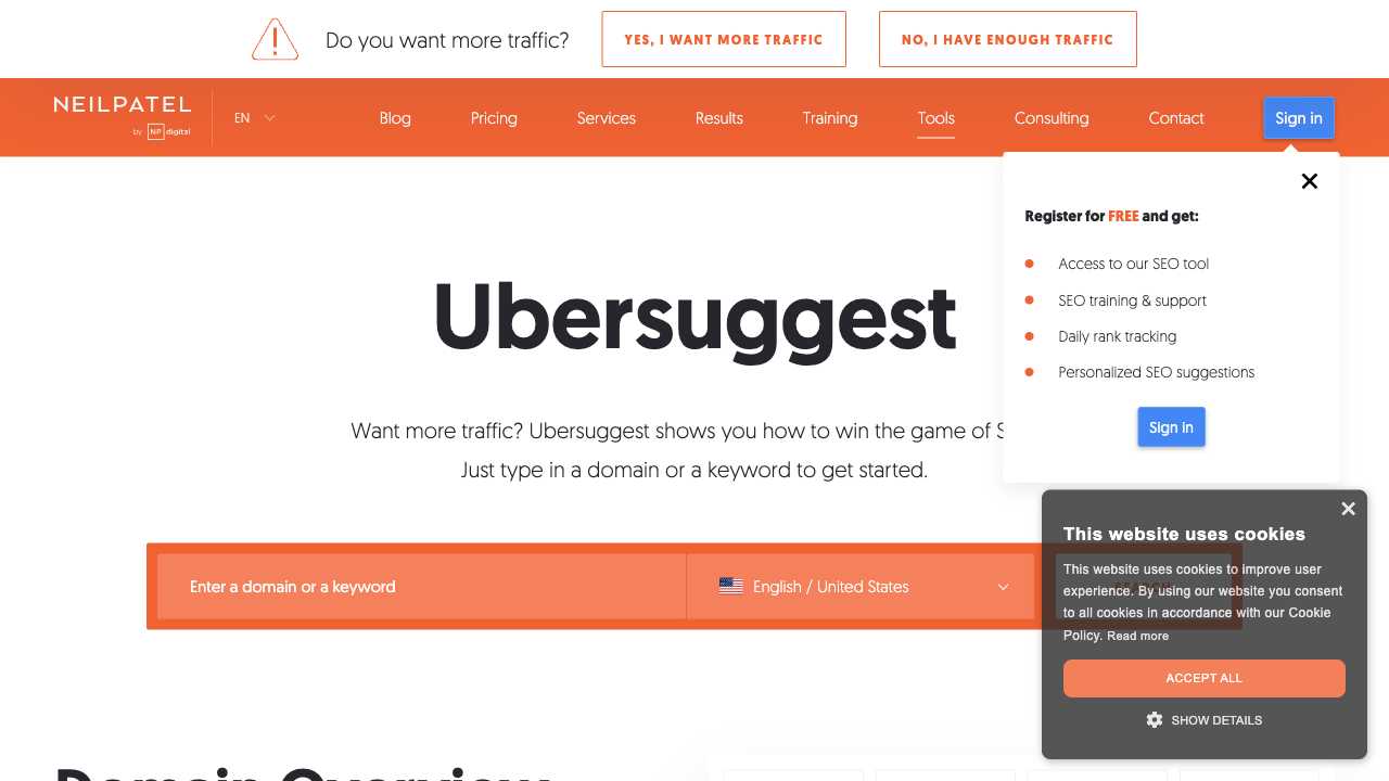 Screenshot of Ubersuggest: Free Keyword Tool & SEO Difficulty Checker