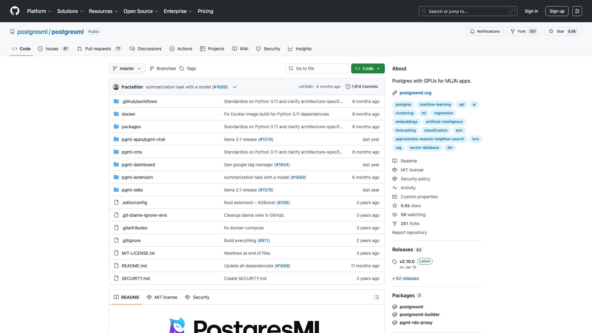 Screenshot of PostgresML: Machine Learning within PostgreSQL
