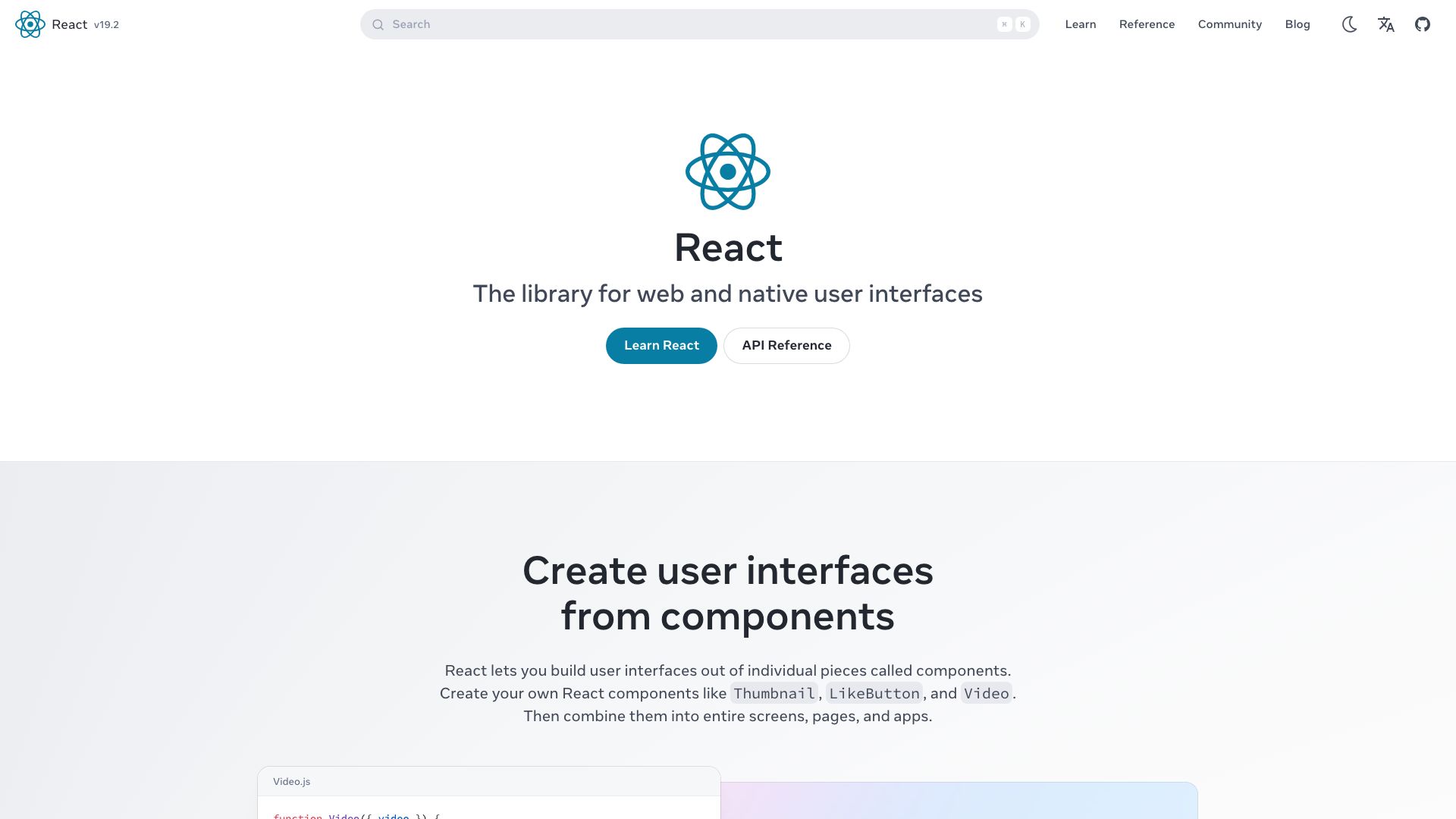 Screenshot of React.dev: Official React Documentation