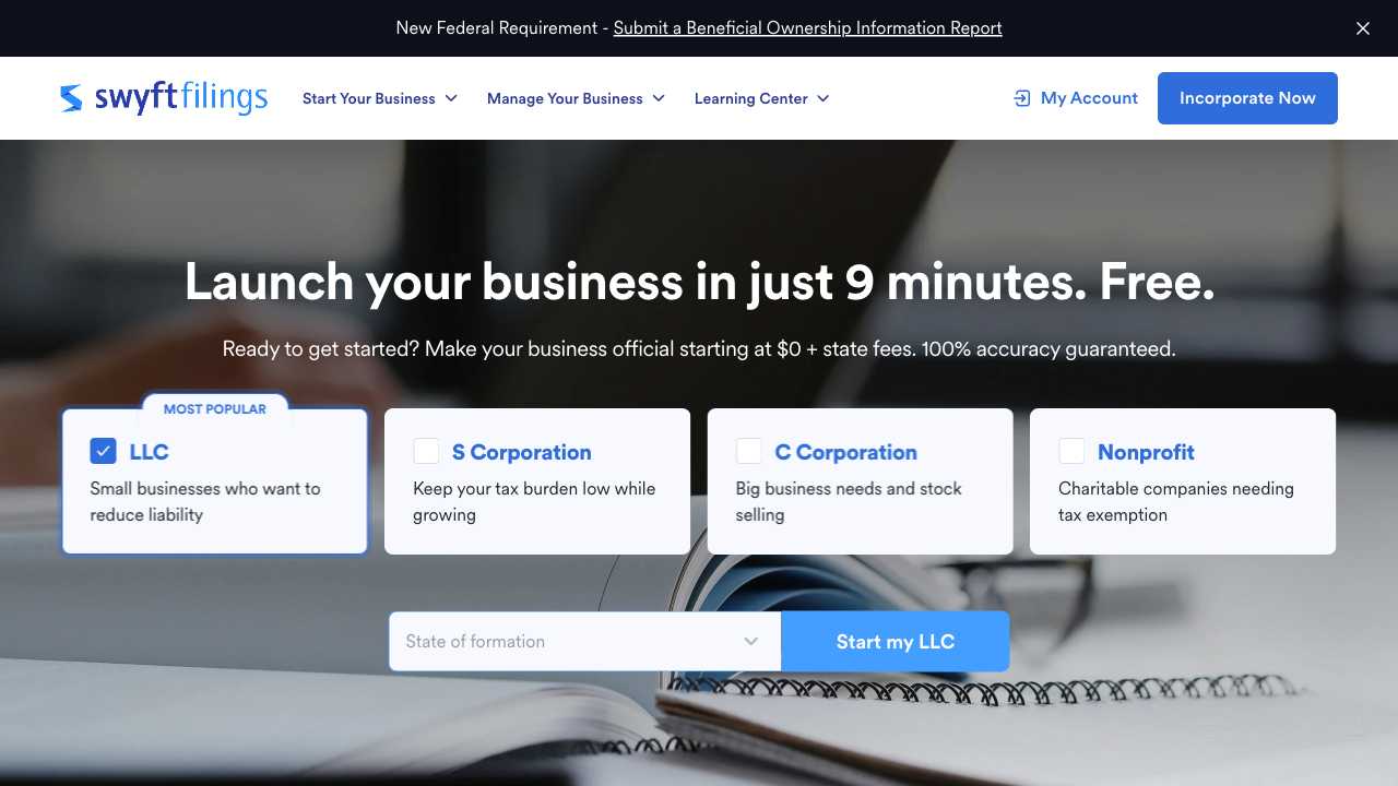 Screenshot of Swyft Filings: Fast and Easy Business Formation