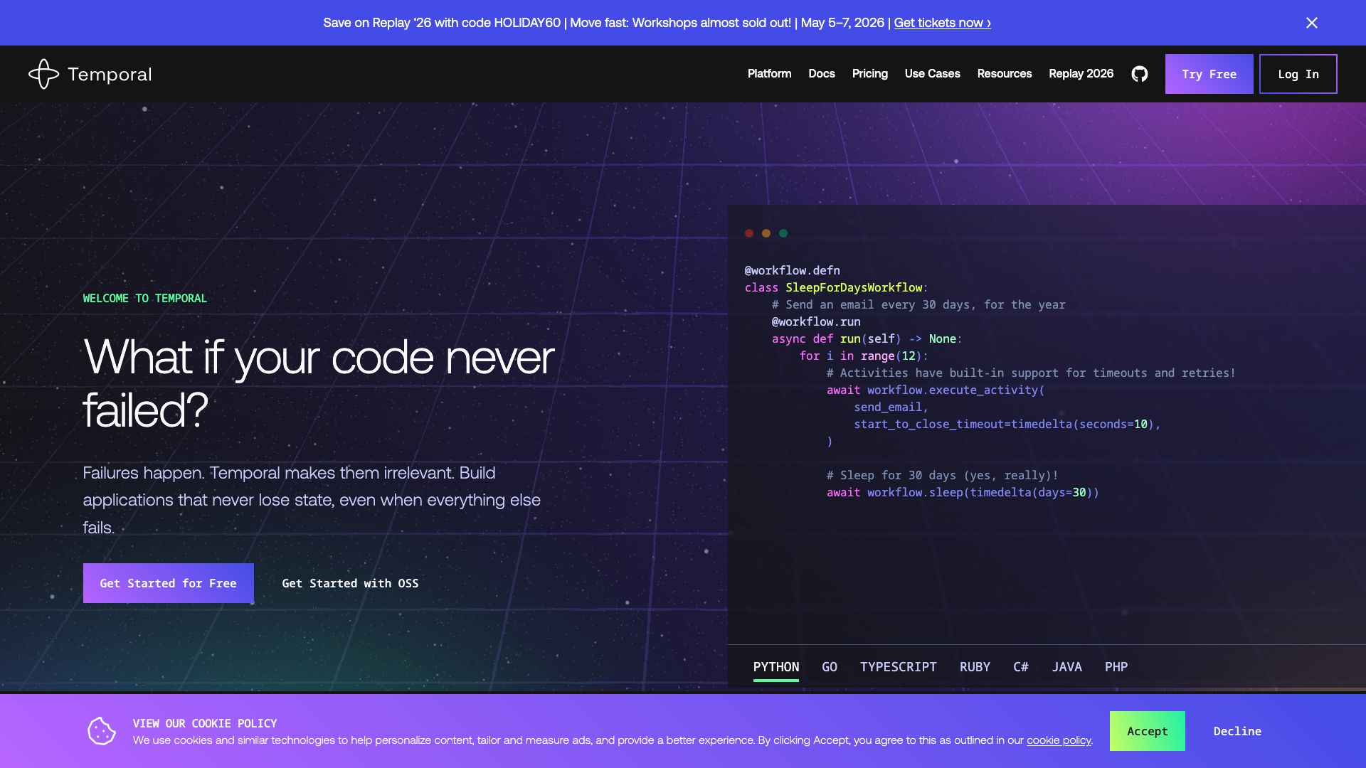 Screenshot of Temporal.io: Orchestrate Complex Workflows