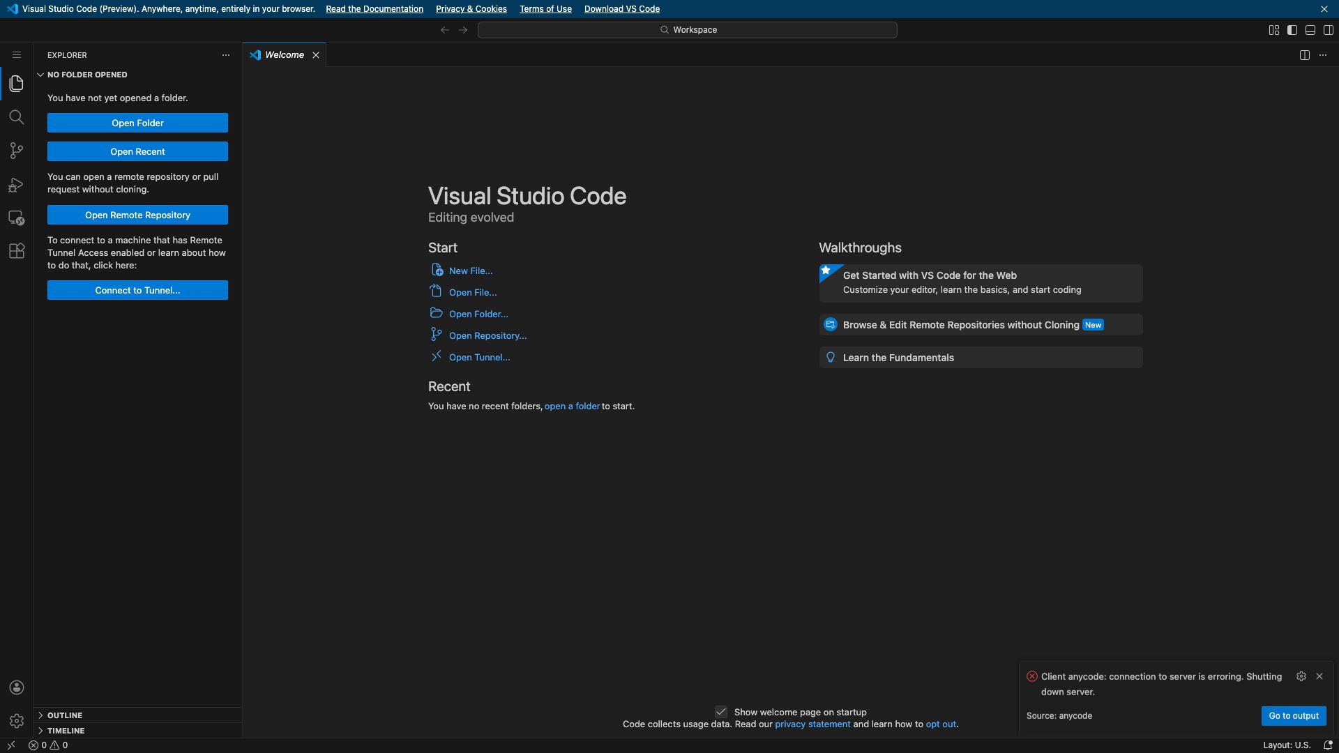 Screenshot of Visual Studio Code for the Web
