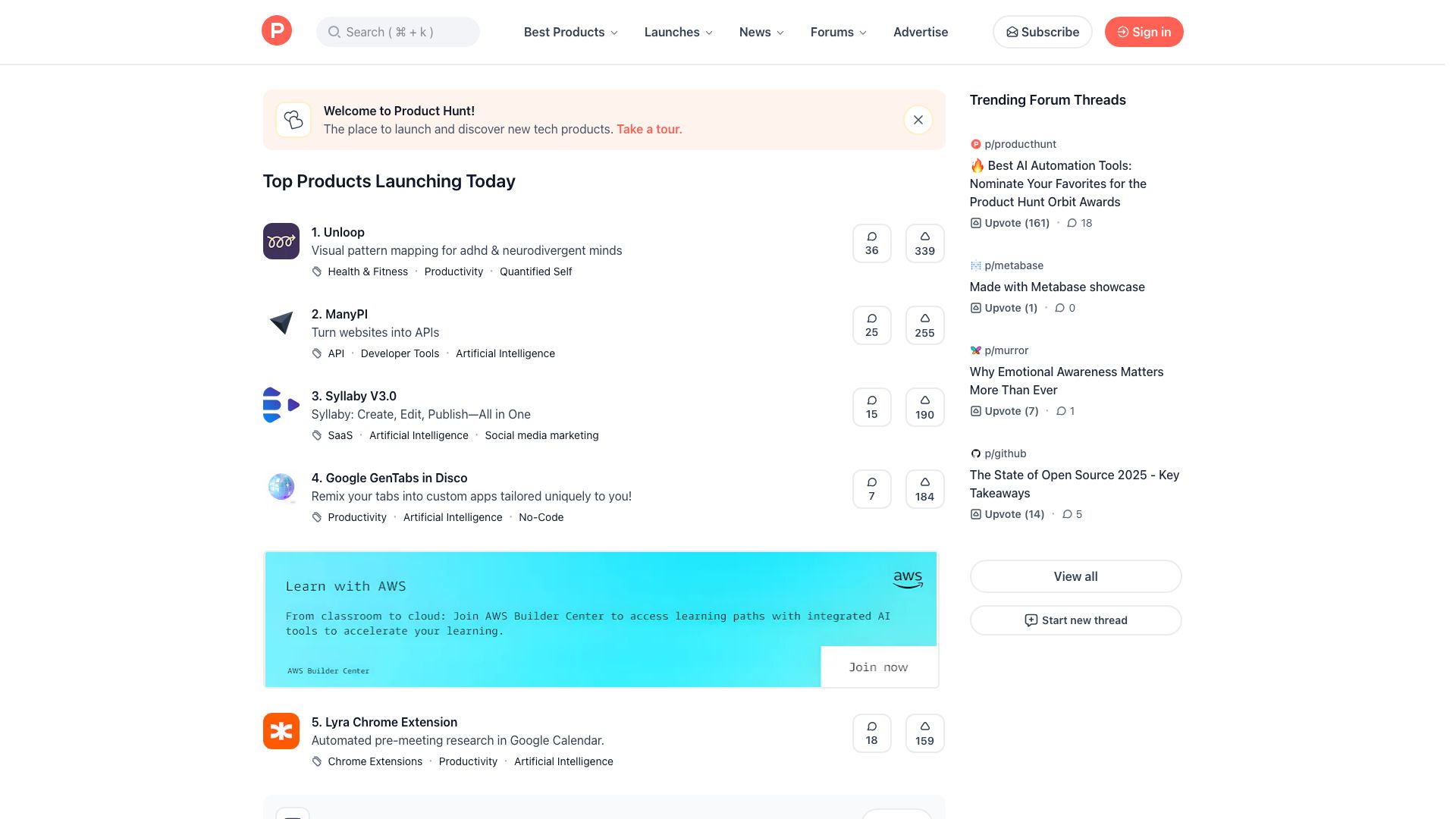 Screenshot of Product Hunt