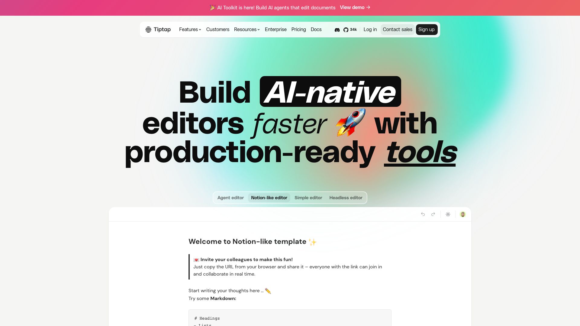 Screenshot of TipTap: A Headless Rich Text Editor Framework