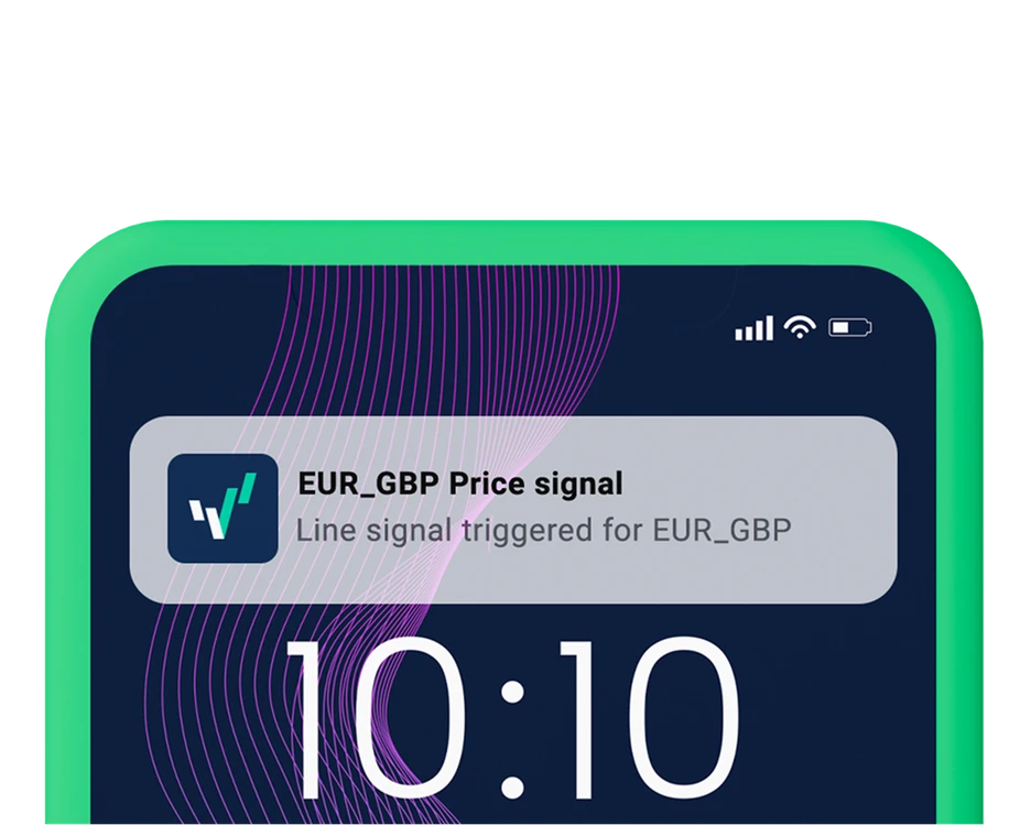 OANDA push notification card reading 'EUR_GBP Price signal - Line signal triggered for EUR_GBP' displayed at 10:10 on a smartphone lock screen with an abstract wavy purple line design layout.