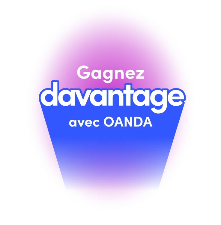 OANDA marketing campaign graphic featuring the text 'Get more with OANDA' set against a dark background with a subtle top purple radial glow. The word 'more' is rendered in large white sans-serif typography with a dramatic blue 3D perspective shadow proje