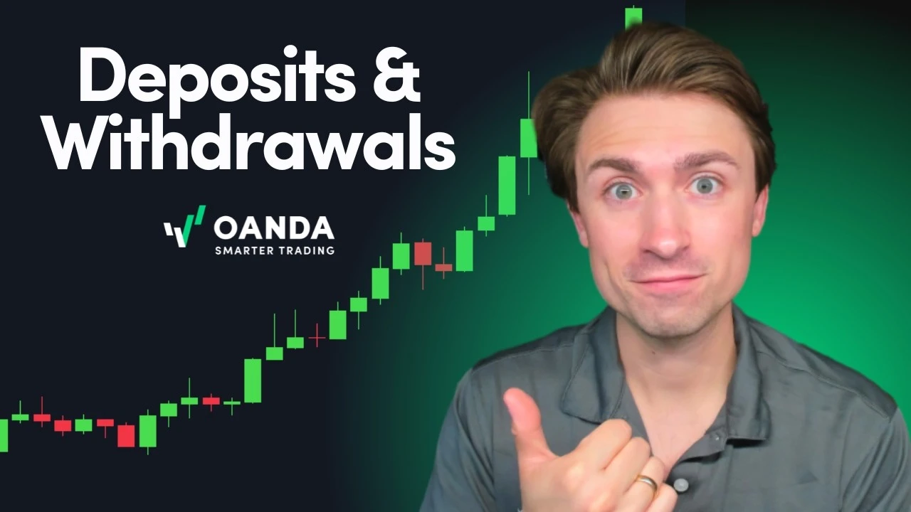 OANDA account management thumbnail with bold white text reading 'Deposits & Withdrawals'. An expressive presenter points his thumb next to a rising green and red financial candlestick chart background.