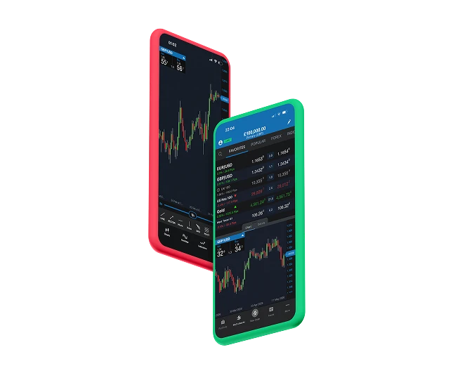 Two angled smartphones with red and green frames showcasing the OANDA mobile trading app in dark mode against a solid black background. The left phone displays a full-screen GBP/USD candlestick price chart, while the right phone shows a primary account ba