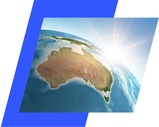 OANDA global market graphic showing a satellite view of planet Earth from space focusing on the Australian continent during a vibrant sunrise, framed within a sharp geometric layout with a bright blue accent stripe.
