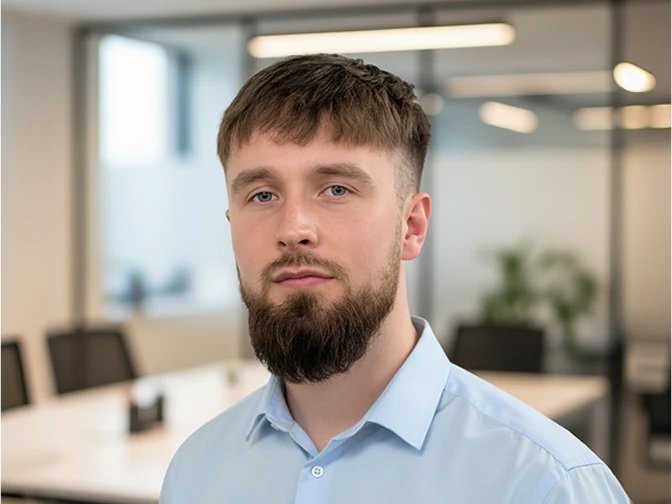A man with short brown hair and a thick, dark beard, wearing a light blue collared shirt. He is posed with a neutral expression in a bright, modern office with blurred meeting tables and windows in the background.