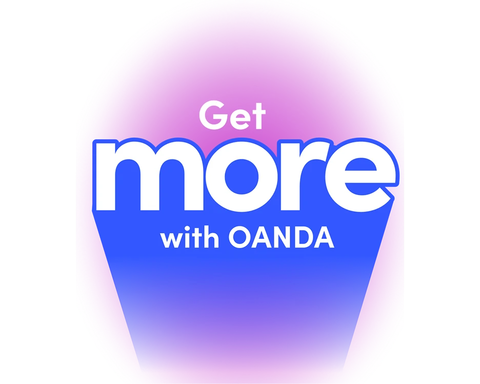 OANDA marketing campaign graphic featuring the text 'Get more with OANDA' set against a dark background with a subtle top purple radial glow. The word 'more' is rendered in large white sans-serif typography with a dramatic blue 3D perspective shadow proje