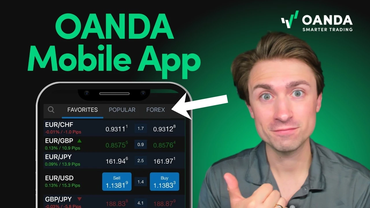 OANDA mobile trading thumbnail with bold green text reading 'OANDA Mobile App'. An expressive presenter points his thumb next to a smartphone interface showing a live Forex watchlist under the 'Favorites' tab with currency pairs like EUR/USD and EUR/GBP,