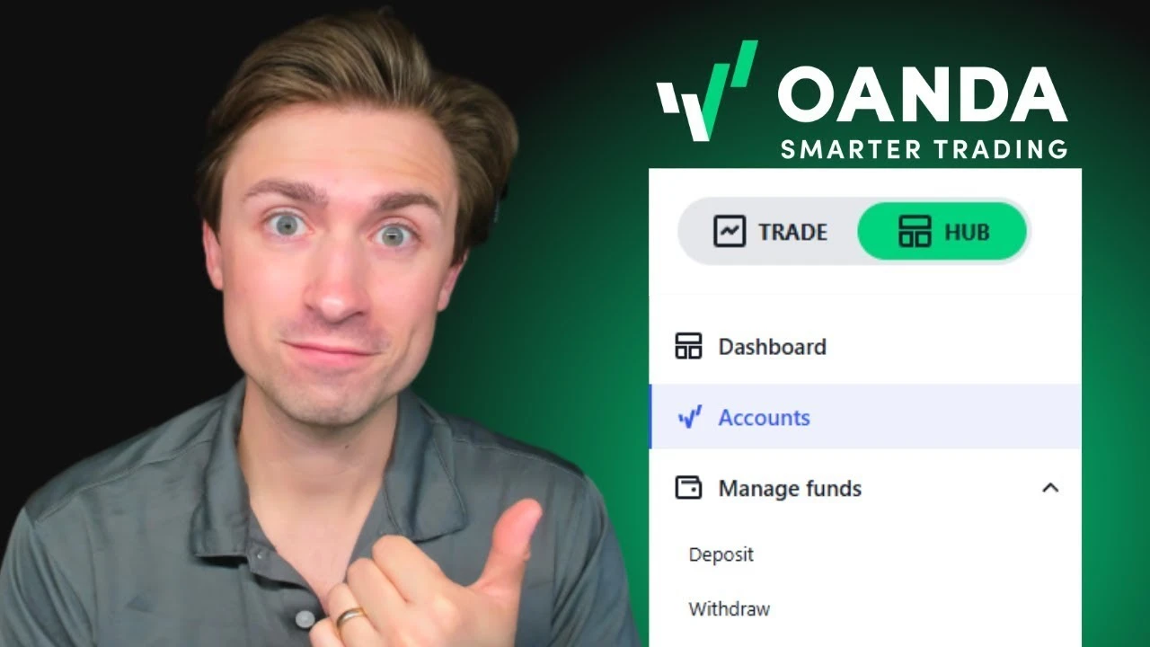 OANDA account portal thumbnail featuring a presenter pointing his thumb next to a sidebar menu snippet from the OANDA Hub user interface. The menu displays a green 'HUB' toggle button selected alongside vertical navigation options for 'Dashboard', 'Accoun