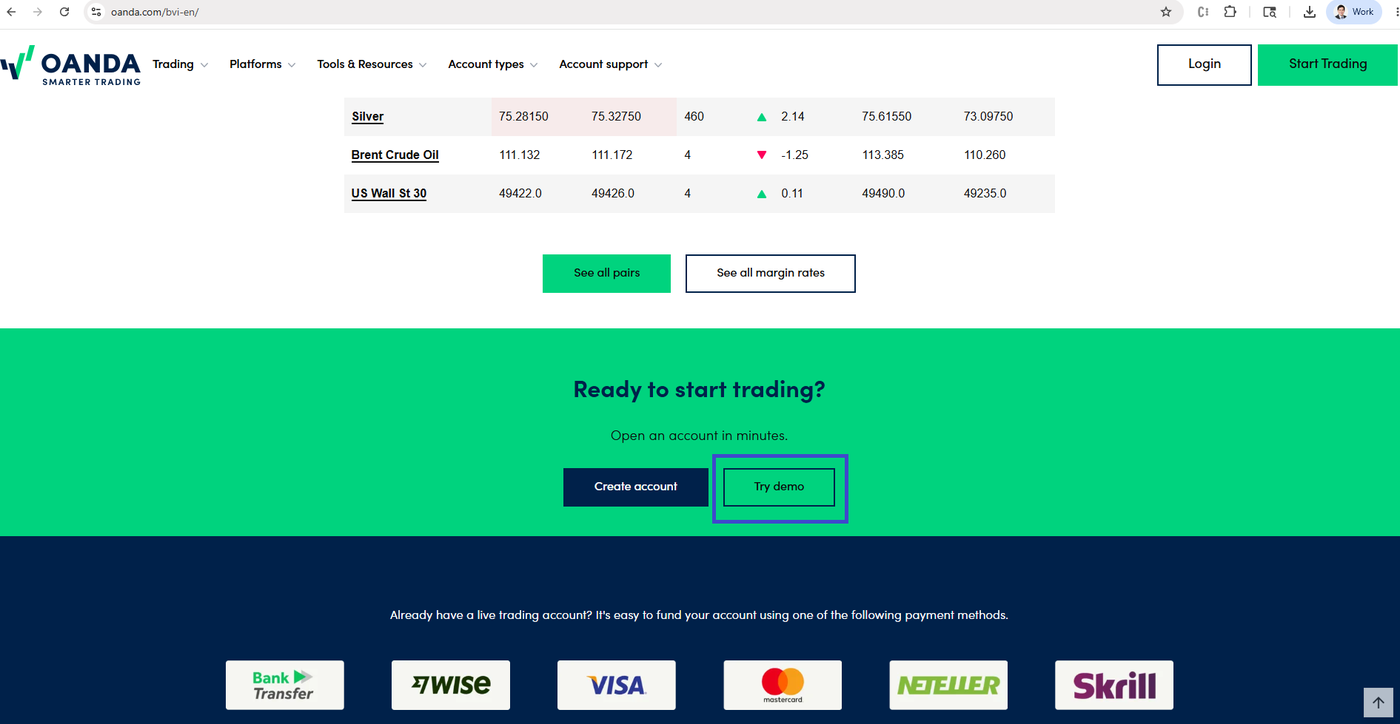 OANDA OGM website Demo account set up