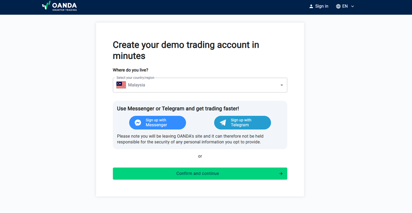 OANDA OGM website Demo account set up page