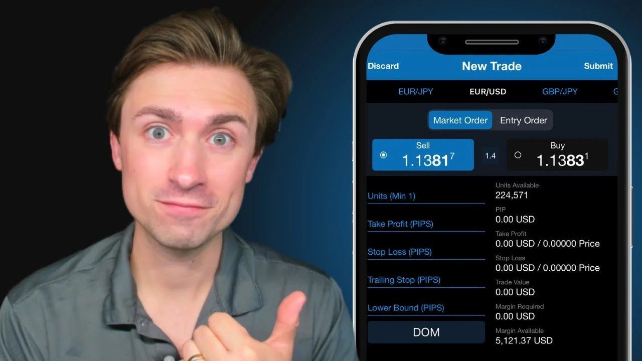 OANDA mobile app tutorial thumbnail featuring an expressive presenter pointing to a smartphone screen displaying the 'New Trade' order entry interface for EUR/USD in dark mode, highlighting market orders, units available, stop losses, trailing stops, and