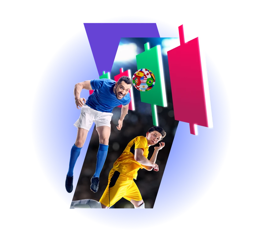A stylized graphic featuring two soccer players leaping in the air to head a soccer ball covered in various national flags. One player wears a blue and white kit, while the other wears yellow. Large, glowing green and red financial candlestick charts are