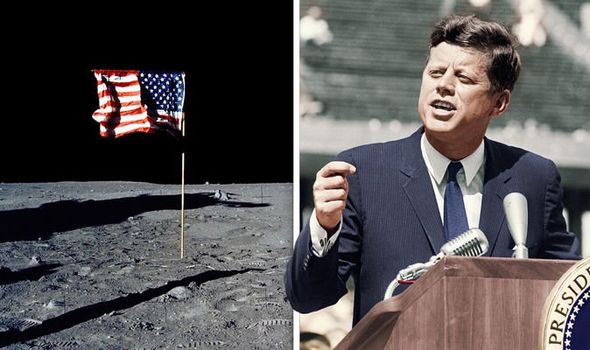 A split image. The left side shows the American flag on the moon. The right side shows President John F. Kennedy giving his moon speech