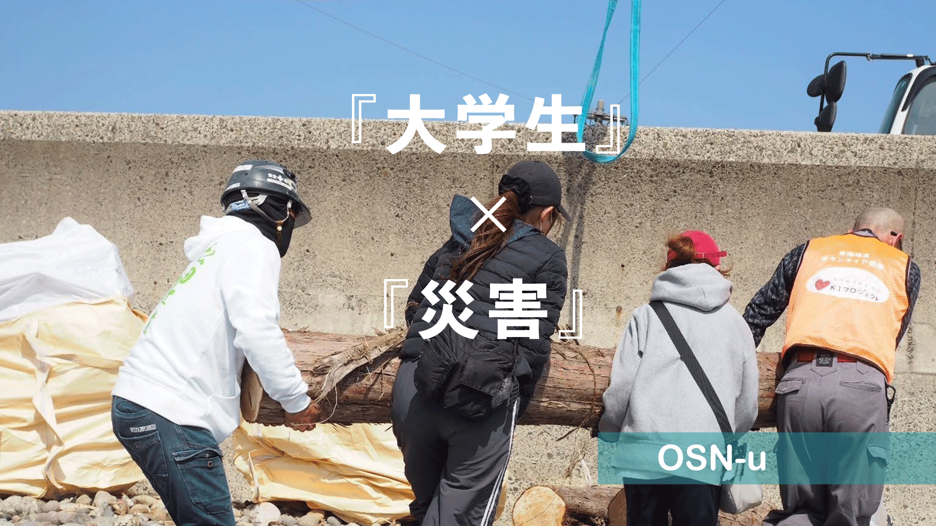 海岸に漂着した木材を運ぶ学生