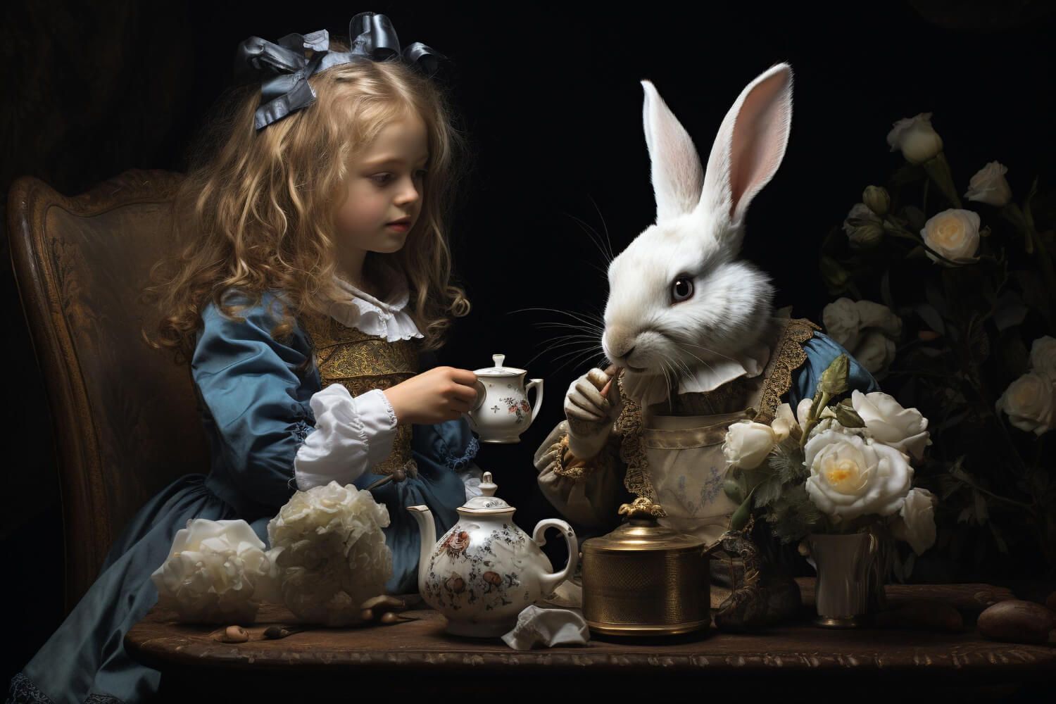 A dramatic scene with Alice and the White Rabbit