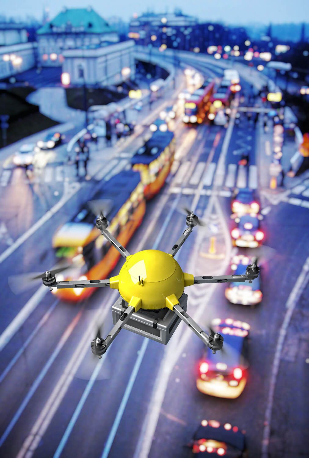 A drone being utilized in an industrial setting for aerial surveillance