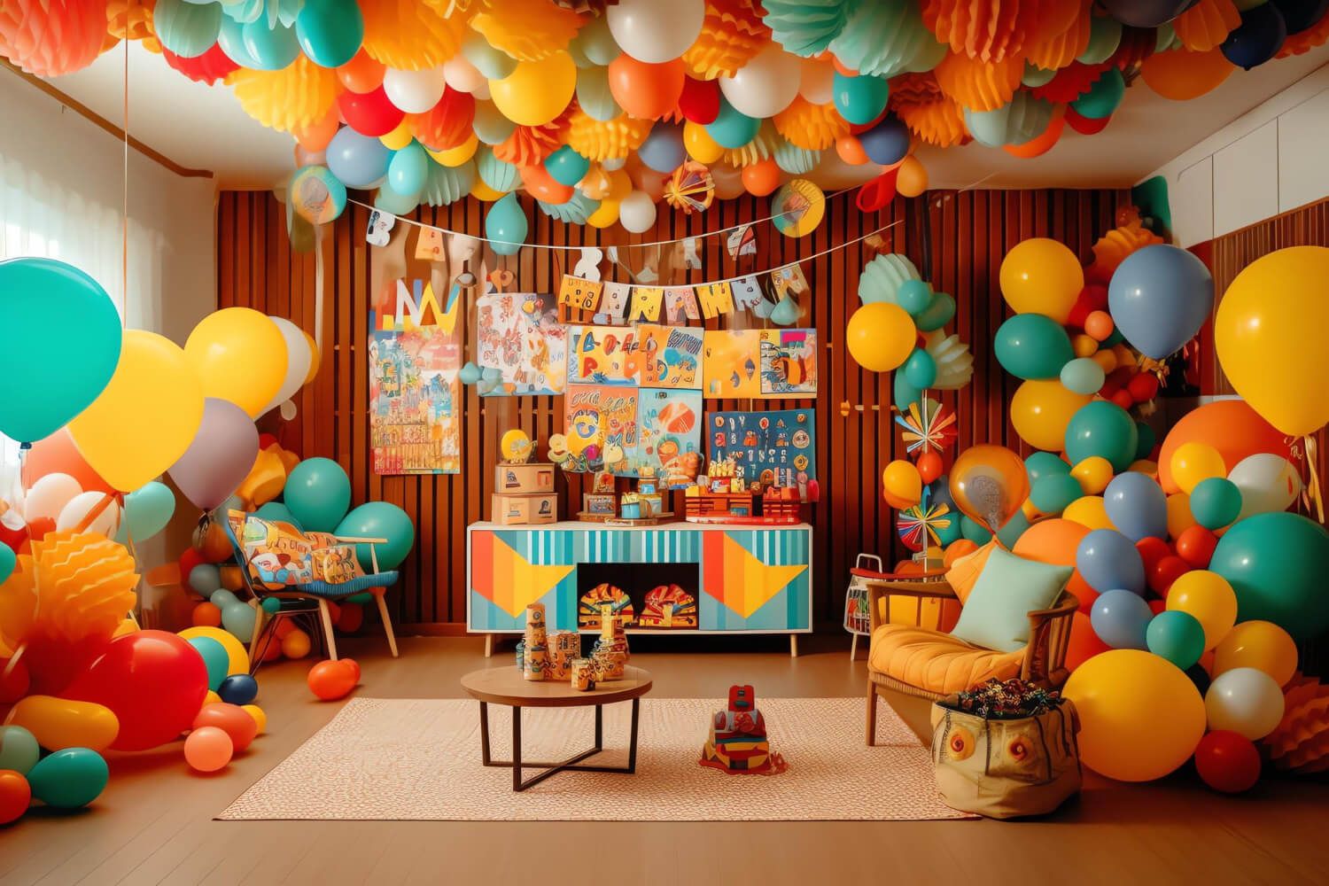 Colorful birthday balloons filling the room.