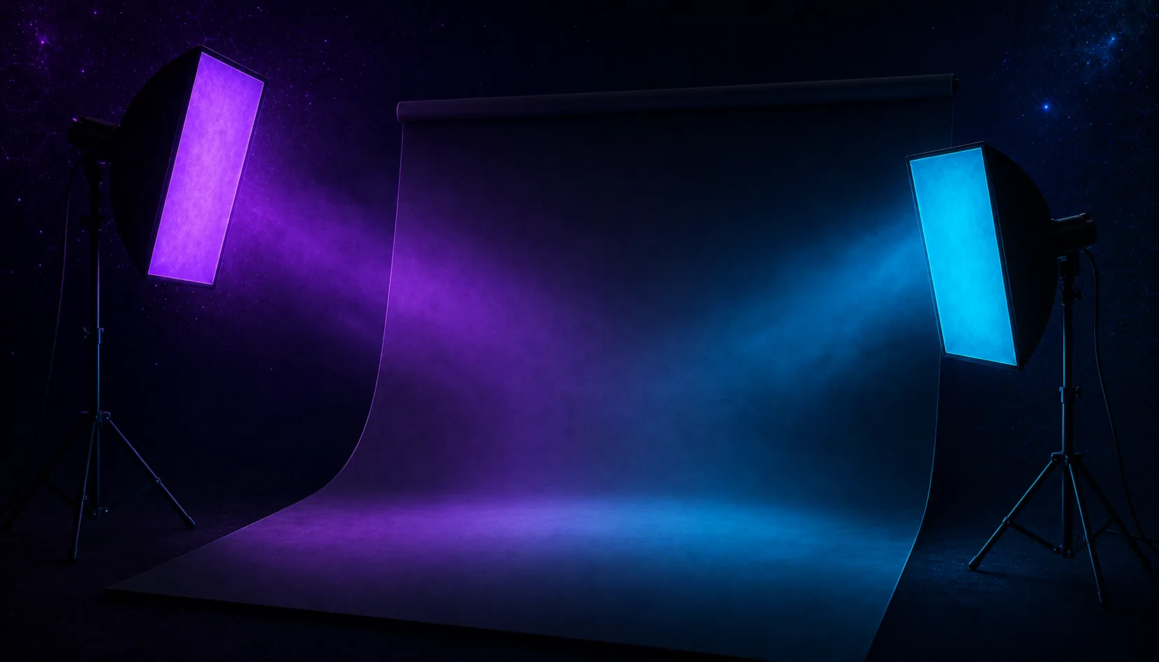 Two gelled softboxes — violet camera-left, cyan camera-right