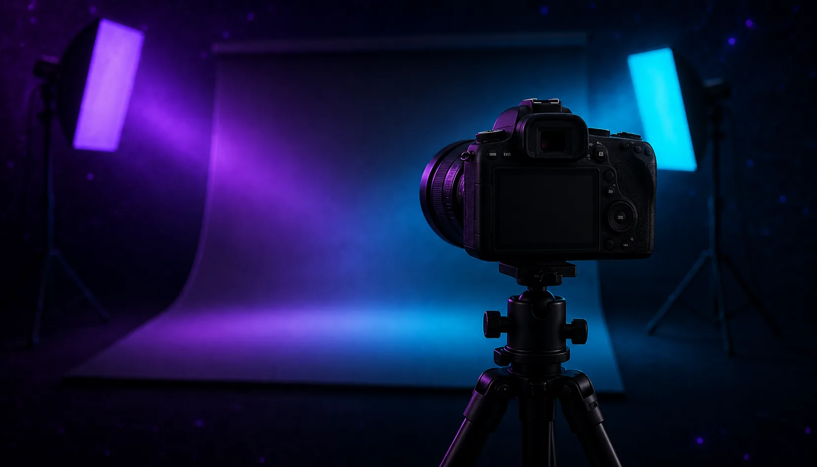 Tripod-mounted camera framing the lit product sweep