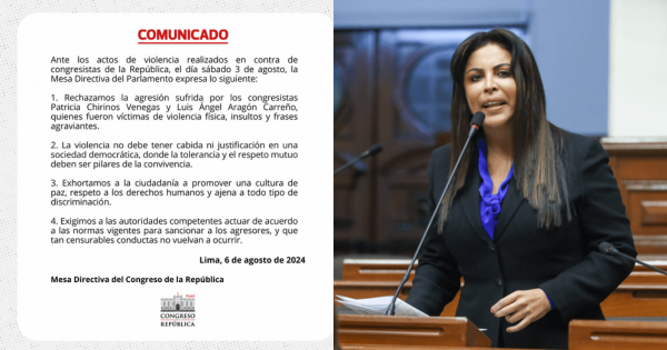 Portada: Congreso pide sanciones para quienes agredieron a Patricia Chirinos y Luis Aragón: "La violencia no tiene justificación"
