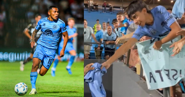 Bryan Reyna obsequia su camiseta a pequeño hincha de Belgrano tras estrenarse con gol