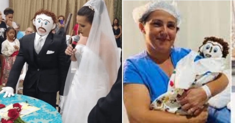 ¡Para no creerlo! Mujer se casó con muñeco de trapo y anunció su segundo embarazo