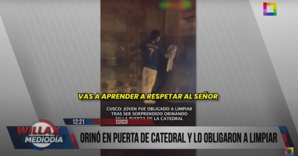 Cusco: sujeto orina en puerta de monumento histórico y serenos lo obligan a limpiar