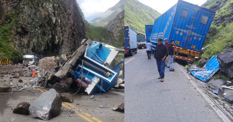 Tramo de la Carretera Central está bloqueada por deslizamiento de rocas a causa de intensas lluvias