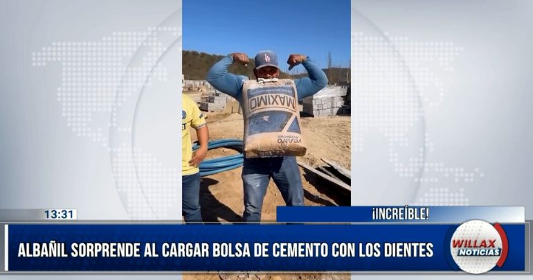 ¡INCREÍBLE! Albañil carga bolsa de cemento con los dientes	y se hace viral