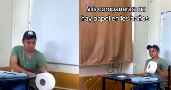 Estudiantes se quedan sin papel higiénico, pero joven lleva rollo gigante para vender y pagar la pensión