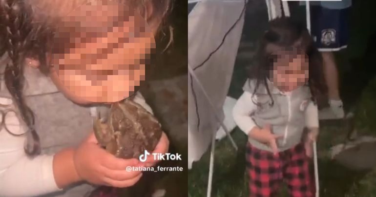 Niña besó a un sapo con la intención de que se convierta en príncipe: terminó asustada y llorando (VIDEO)