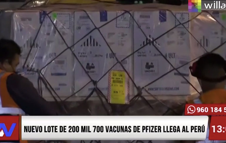 Portada: Nuevo lote de 200 mil 700 vacunas de Pfizer llega al Perú