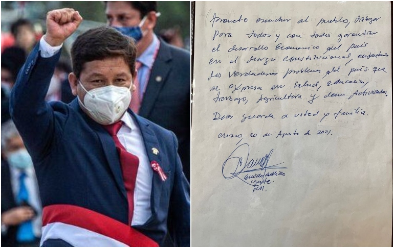 Premier Guido Bellido firmó sobre un pedazo de papel un compromiso para "escuchar al pueblo"