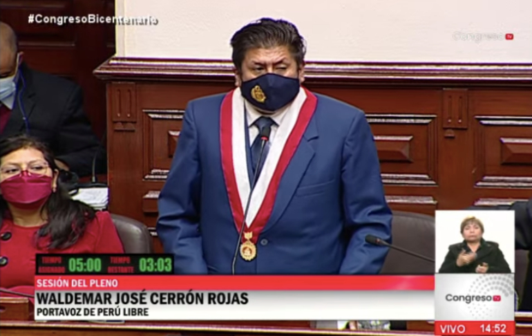 Waldemar Cerrón, vocero de Perú Libre, pide a congresistas que le otorguen el voto de confianza al Gabinete Guido Bellido